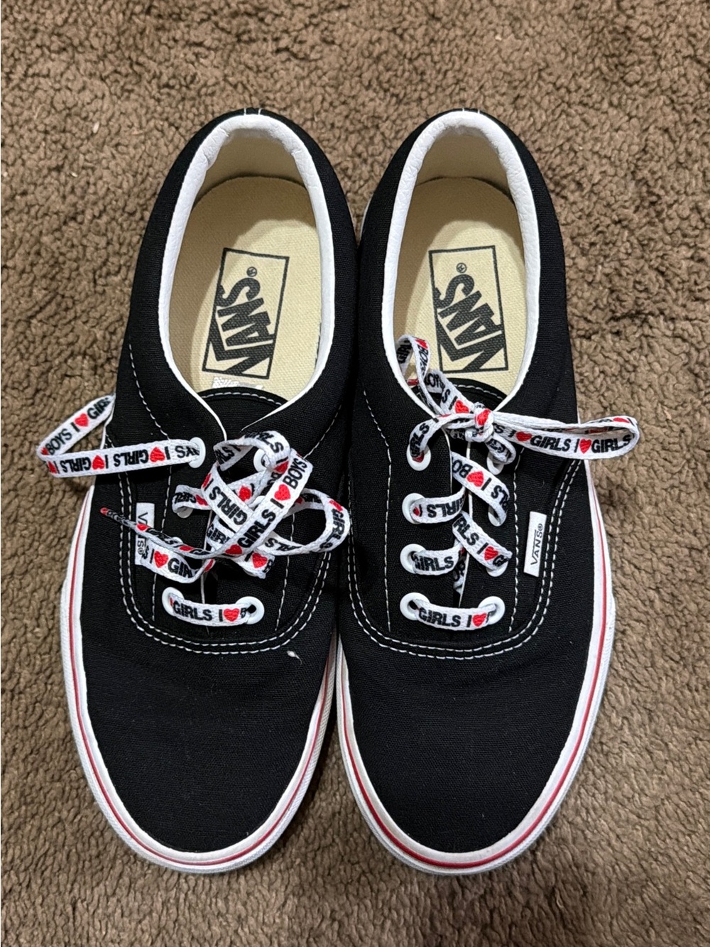 Vans Black Canvas Sneakers with White and Red Accents used twice